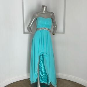 XSCAPE Strapless Beads Embellished Empire Waist Light Blue Hi/Low Dress Size 8